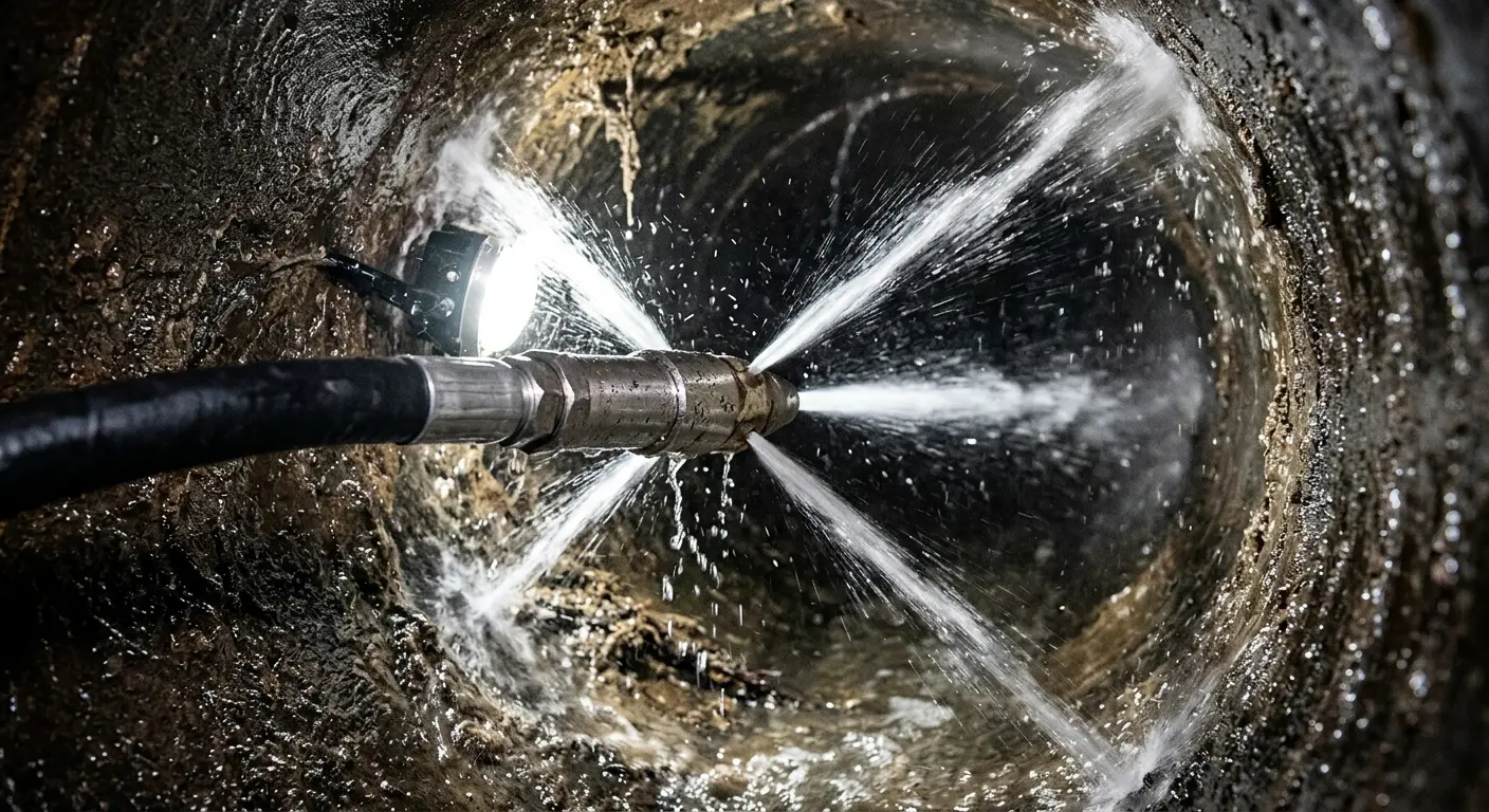 High-pressure hydro jetting nozzle cleaning sewer pipe for Sewer Line Relining in Avon