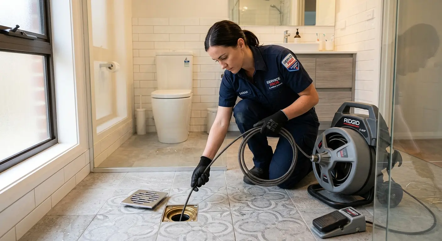 Technician clearing a bathroom floor drain for Drain Repair in Avon